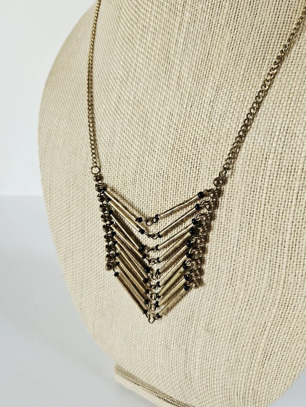 Vintage Geometric Brass Tube Beaded Chevron Hinged Cascade Bib Chain Necklace